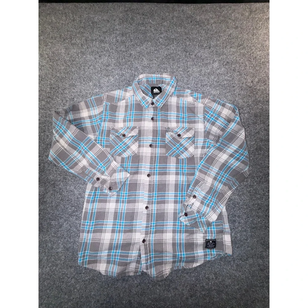 Quiksilver Mens XL Plaid Flannel Shirt Blue Grey Long Sleeve Button Down